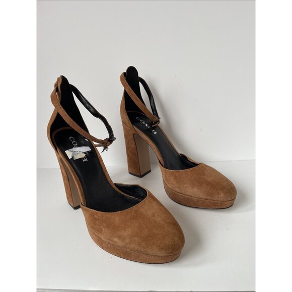 Coach Women’s Suede Block Heel Pumps Brown Size 10 Elegant Designer Shoe - Picture 14 of 15